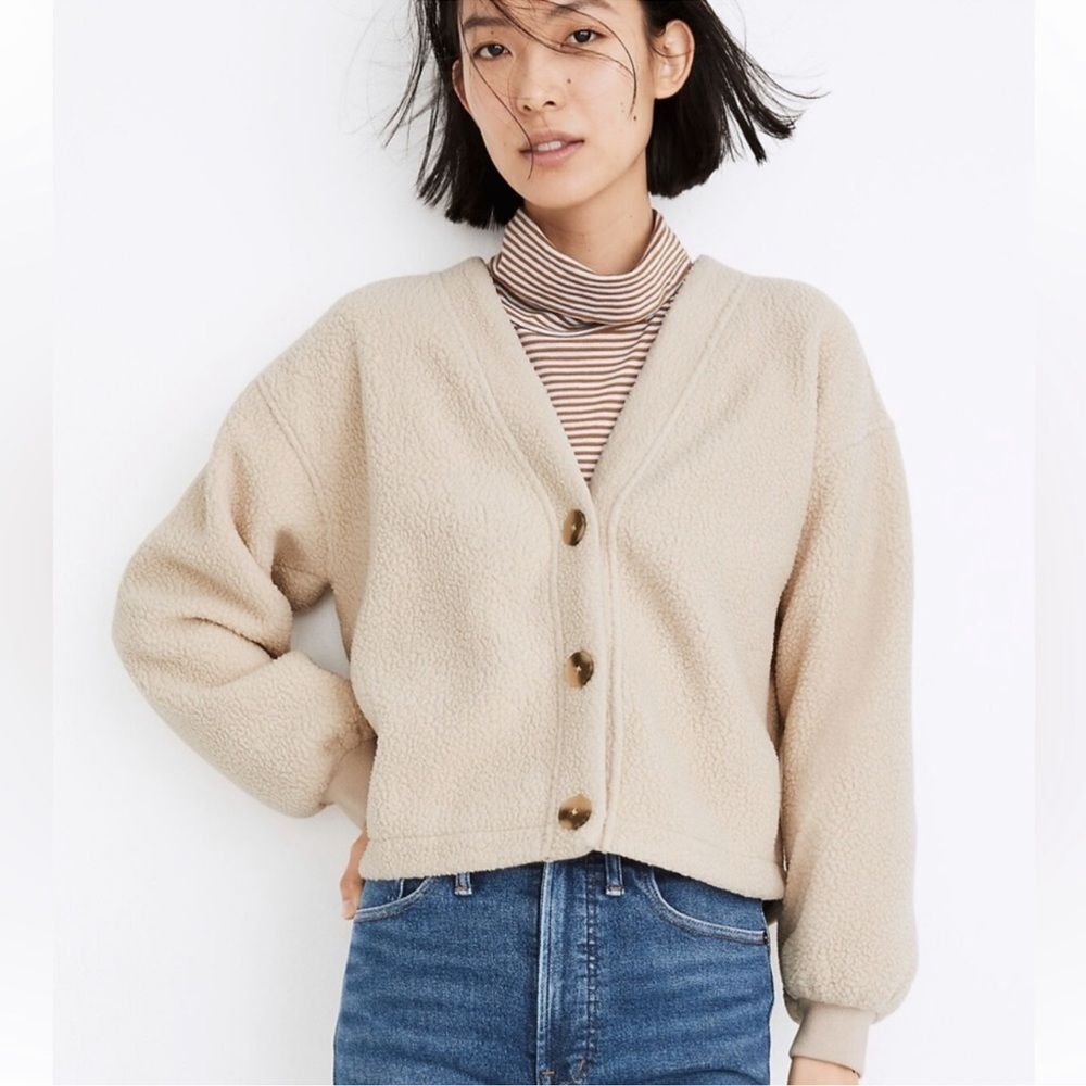 Madewell (Re)sourced Fleece Neutral Summer Dune Crop Cardigan Size Small